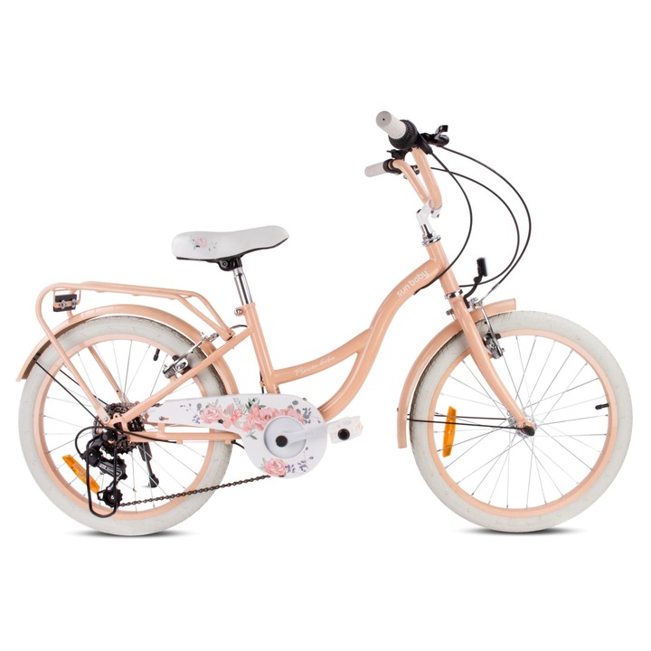 Lány kerékpár, Sun Baby, Flowe Bike, 20 hüvelykes, 6 sebességes Shimano Tourney, Revoshift váltó, 6-10 év, acél váz, sárgabarack