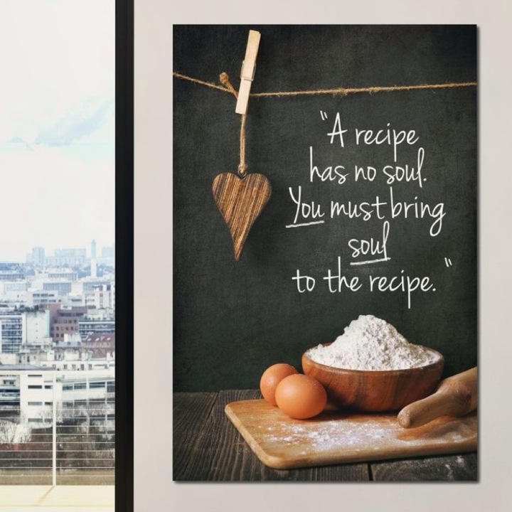 Премиум картина върху платно, LuxCanva® F1006, Кухня с душа, 100 X 150 см, 100% памучно платно 400 г/м2, дървена рамка, Готвене, Кулинария, Гастрономия, Готвач, Рецепти, Хол, Ярки цветове