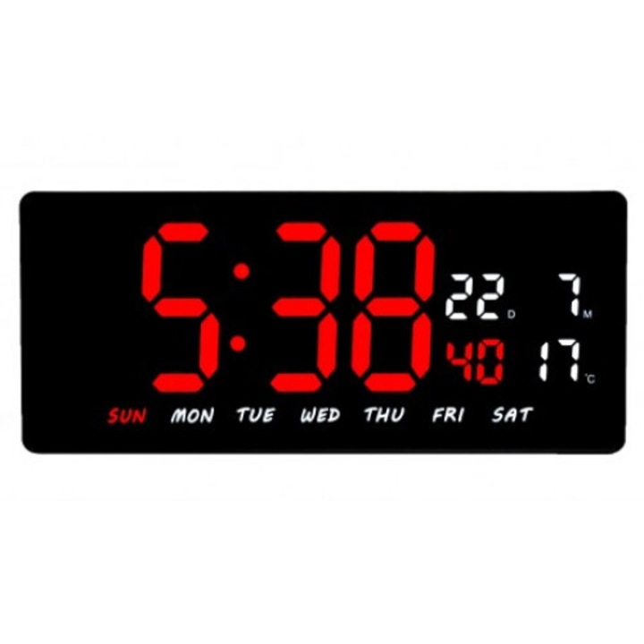 Ceas Digital de Masa sau de Perete cu Lumina Led ROSU, Tehnologie LED Fara Umbre, Calendar, Temperatura, Alarma, Functie Snooze, Luminozitate Adjustabila, Dimensiuni 36, 2 x 15, 6 x 4 cm, ROSU