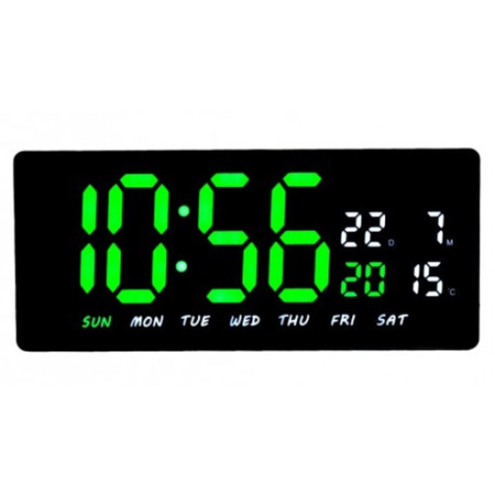 Ceas Digital de Masa sau de Perete cu Lumina Led VERDE, Tehnologie LED Fara Umbre, Calendar, Temperatura, Alarma, Functie Snooze, Luminozitate Adjustabila, Dimensiuni 36, 2 x 15, 6 x 4 cm, VERDE