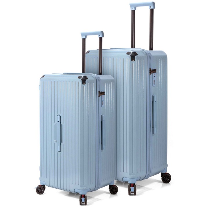 Set trolere Benzi BZ 5790, ABS, 4 roti cu sistem de franare, cifru TSA, 2 piese, albastru deschis