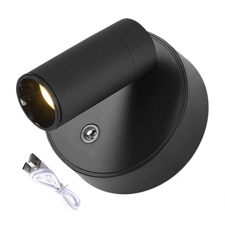 Aplica LED magnetica moderna, cu reglare continua a intensitatii luminoase in trei culori, control tactil, nu necesita cabluri, reincarcabila, 6000K, material aluminiu/ABS, 8x8 cm, neagra