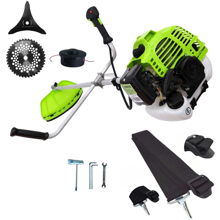 Motocoasa de tuns gazon iarba pe benzina Disc Vidia inclus, 8.5 CP, 52 CC, motor 2 timpi, diametru taiere 25.4 cm, contine: ham simplu + mosor Garden Top + disc taiere 3T