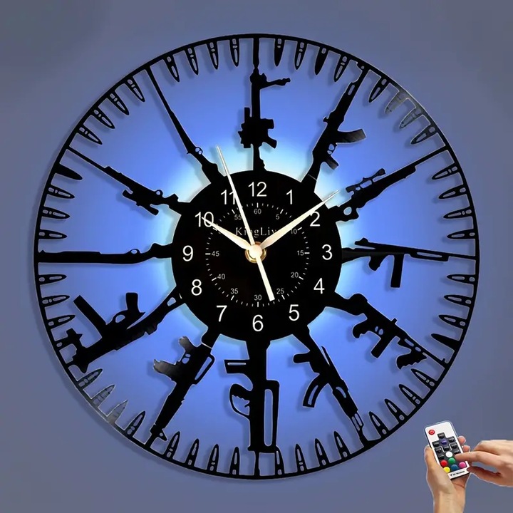 Ceas de perete decorativ Kinglive, rotund, negru, alimentat cu 1 baterie AA, mecanism quartz, din vinil