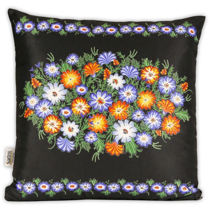 Dekoratív párna virágokkal, Sartrix, fekete, 40x40cm, 100% poliészter, szilikon töltet