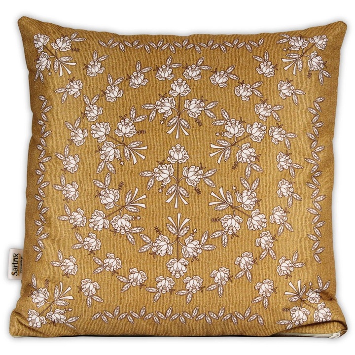 Sartrix díszpárna, fehér virágok, bézs háttér, 40x40cm