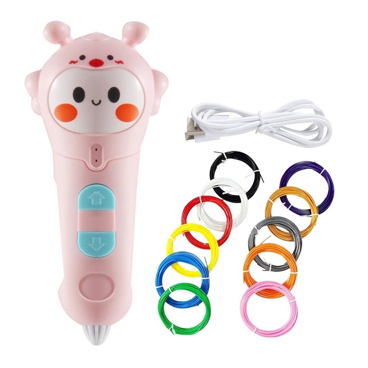 Alacsony hőmérsékletű 3D nyomtatótoll, varázslatos graffiti toll háromdimenziós festészethez gyerekeknek, kreatív ajándékjáték-csomag diákoknak, USB töltés, 10 színes szállal, összesen 50m, WALALLA, rózsaszín