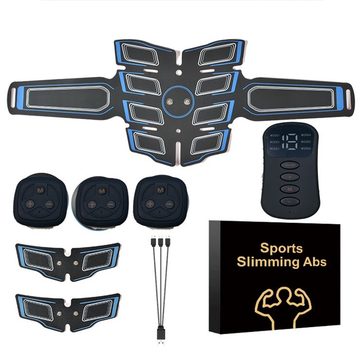 Stimulator electric ABS, 8 tampoane, negru, echipament de fitness pentru tonifierea musculara