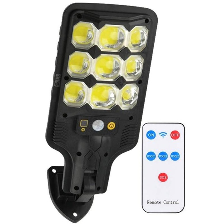 Lampa Solara De Exterior SIKS, Cu Panou Solar, 63 Led COB Cu Amplificare Lumina Pentru Gradina, Alee, Intrare Casa, Lampa Cu Leduri Cob, Lumina Neutra, Control Telecomanda, Senzori Lumina Si Miscare, Rezistenta la Apa IP65, HS8037B, Negru