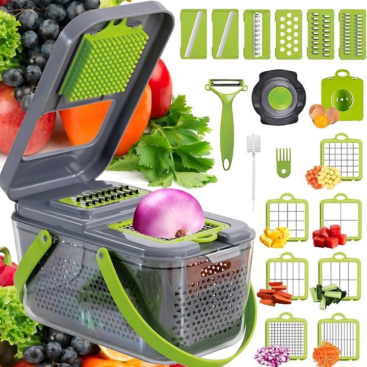 Teno® 22 az 1-ben zöldségszeletelő, többfunkciós, 8 vágás, aprítási, aprítási, szeletelési tartozékok, julienne, tojásleválasztó, rozsdamentes acél pengék, tárolótok, fogantyúk, zöld