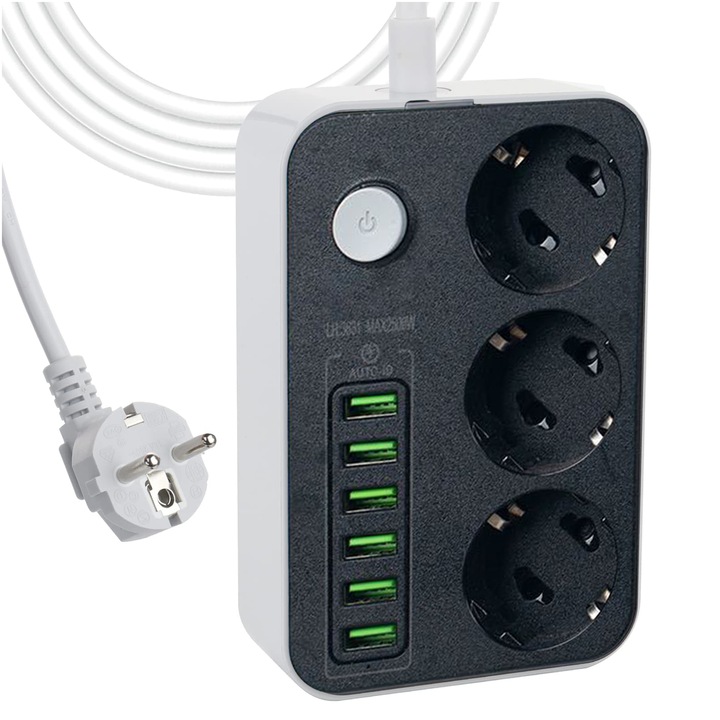 Удължител с 3 гнезда, 6 USB, 2м кабел, защита за деца, черен