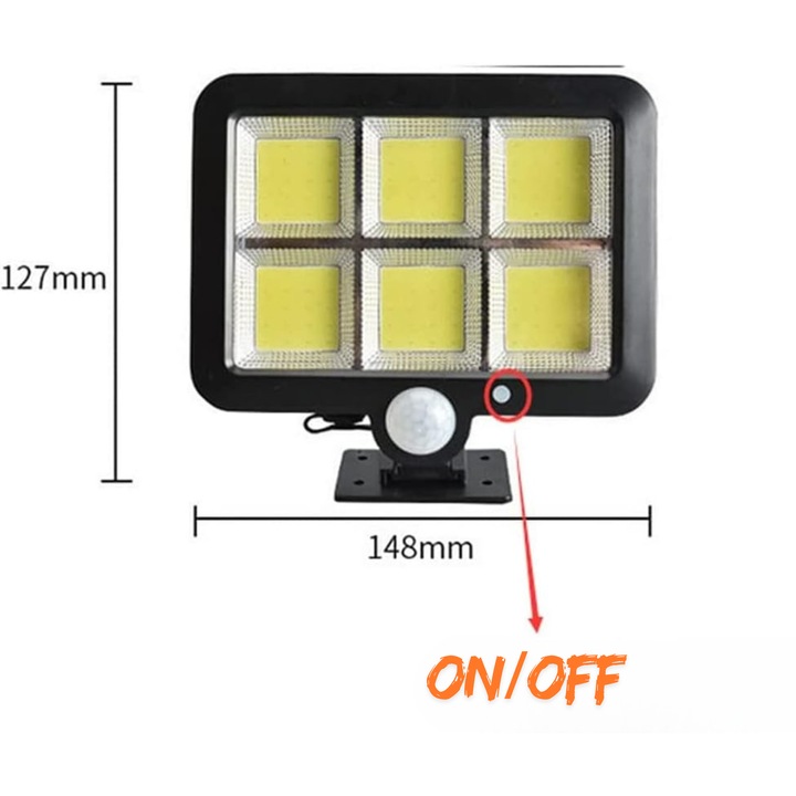 Lampa solara LED cu senzor de miscare, telecomanda, panou ajustabil, cablu de 5 metri, 120 LED, lumina rece, rezistenta la apa IP65, incarcare solara rapida, autonomie extinsa, ideala pentru curte, gradina, terasa, garaj, alei si spatii exterioare, 30W