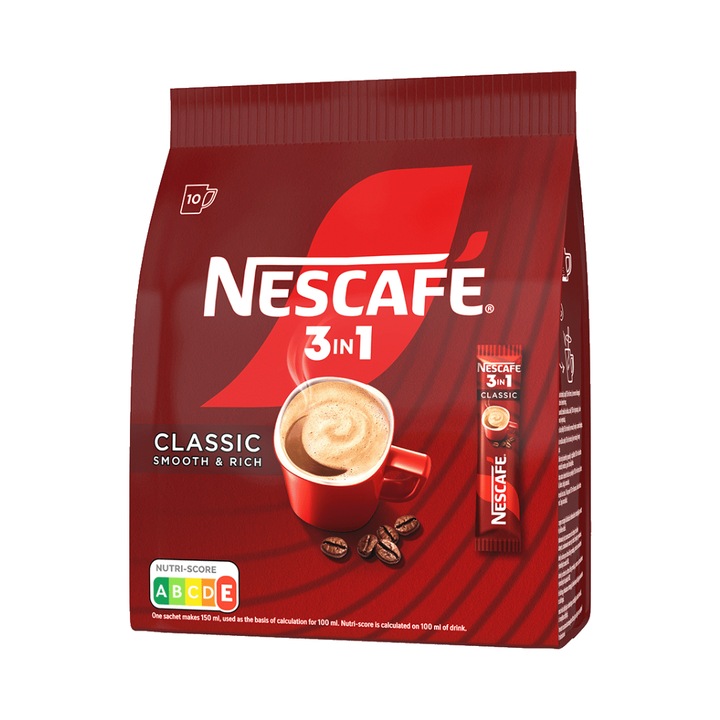 Nescafe 3in1 Classic, bautura cafea instant, 165g (set 10 x 16,5g), cu zahar, aroma de lapte