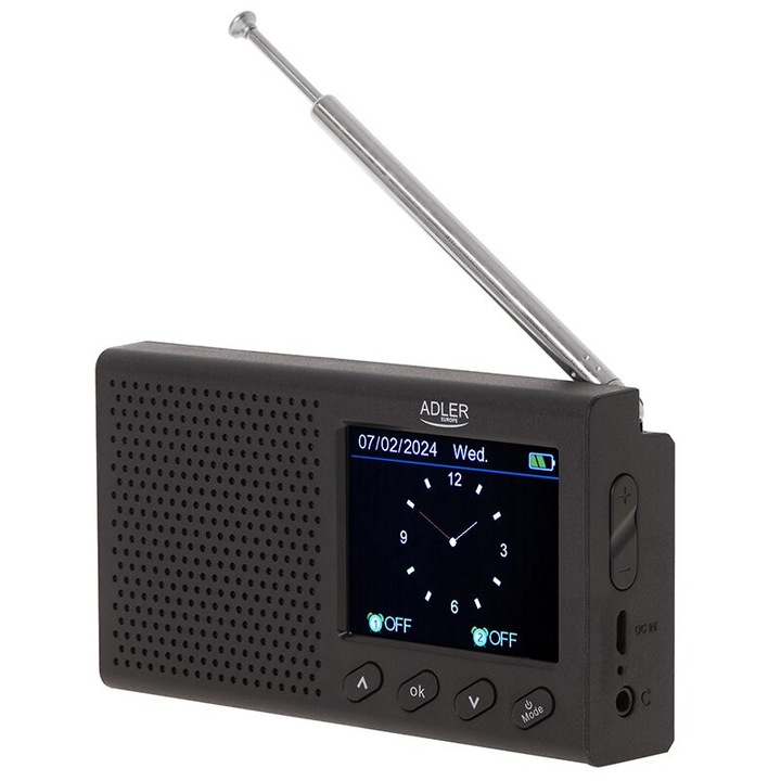 Преносимо FM радио, телескопична антена, 3W, USB, Bluetooth, 2.4 инча цветен LCD екран, аларма, Li-Ion батерия