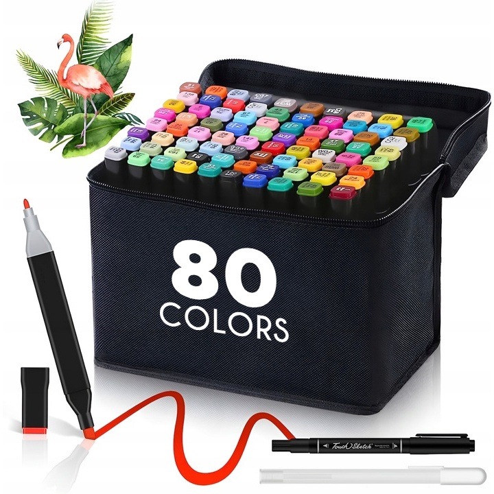 Set 80 markere duble INTMIX, Cu Doua Vrafuri, Cu cerneala pe baza de alcool, 2 varfuri rezistente, Multicolore + SAC