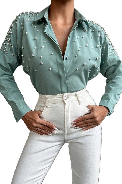 Camasa Dama, Bumbac, Casual, Eleganta, Decorata Cu Perle Si Margele, Verde pal