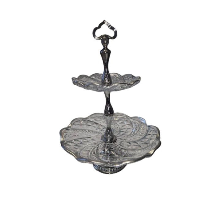 Platou rotund din sticla cu 2 nivele, Deco Art, Diametru 30 cm, Finisaje argintii