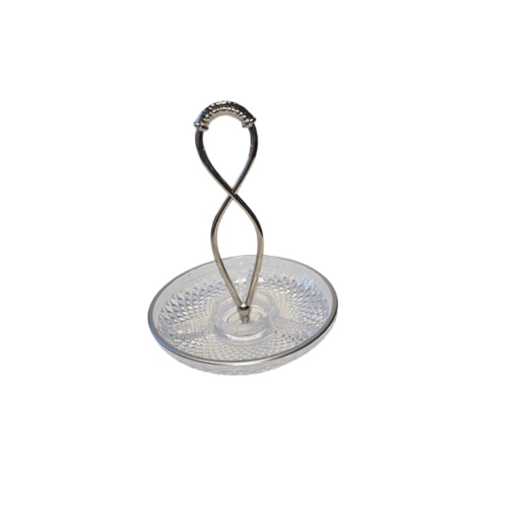 Platou rotund din sticla cu 3 compartimente, Deco Art, Diametru 20 cm, Maner rasucit, Finisaje argintii