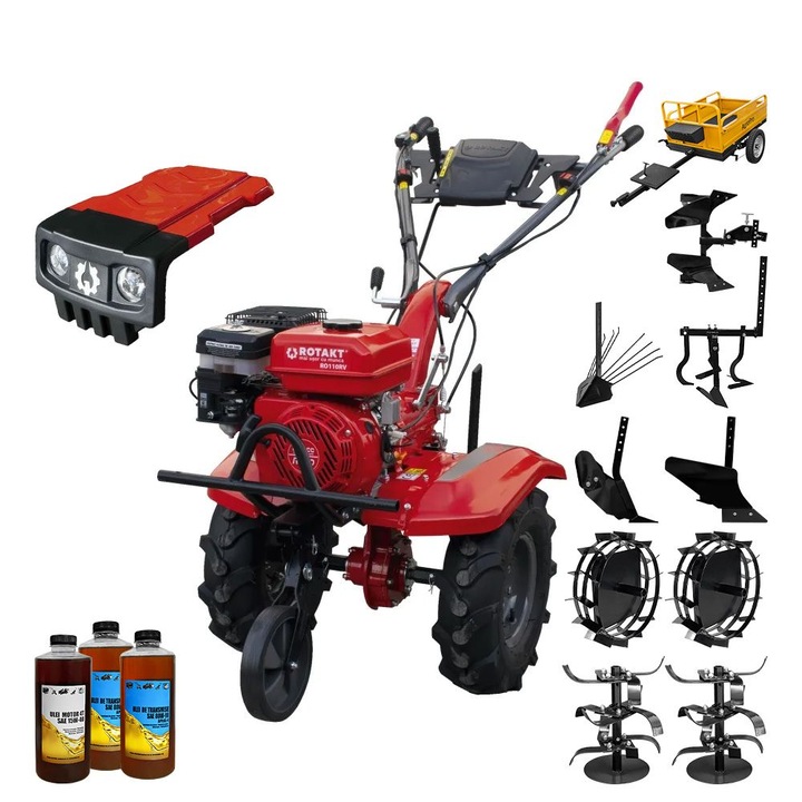 Motocultor Rotakt RO110RV, cu kit de capotare, motor 8 CP, benzina, latime lucru 90 cm, 2+1 viteze, freze, roti cauciuc 5.00-8, roata frontala, roti metal, plug arat, rarita reglabila, plug cartofi, cultivator, plug reversibil, remorca, 3l ulei
