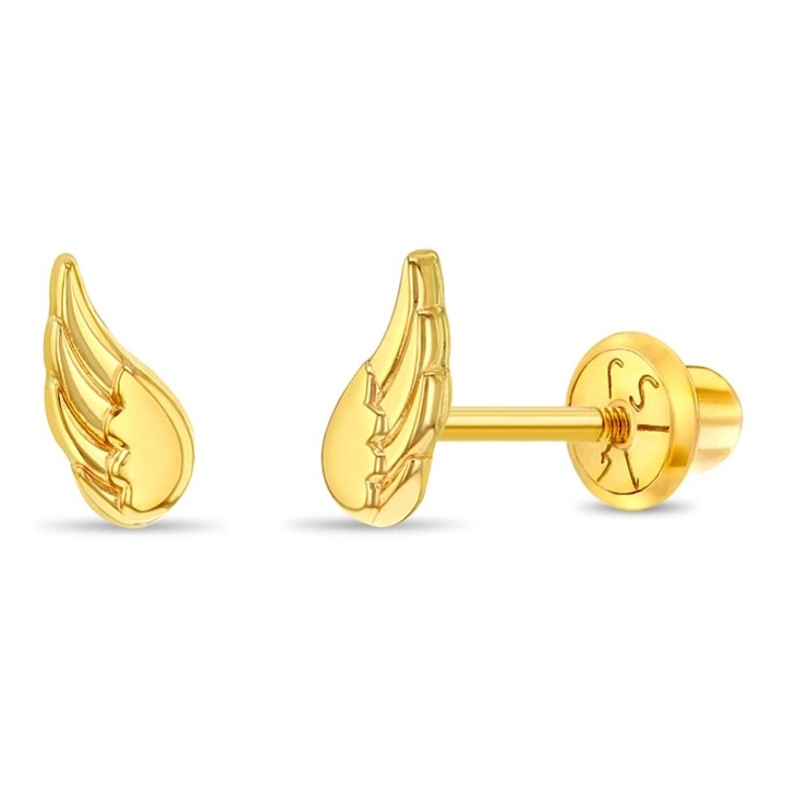 Cercei din Aur 14K pentru Bebelusi si Copii, model Aripi de Inger, inchidere cu Filet si Protectie