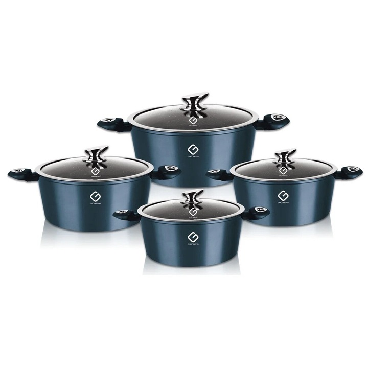 Set oale din Aluminiu CasaShop®, 8 Piese, cu capace din sticla termorezistenta, 1.2l, 4.3l, 2.3l, 6.2l, Albastru