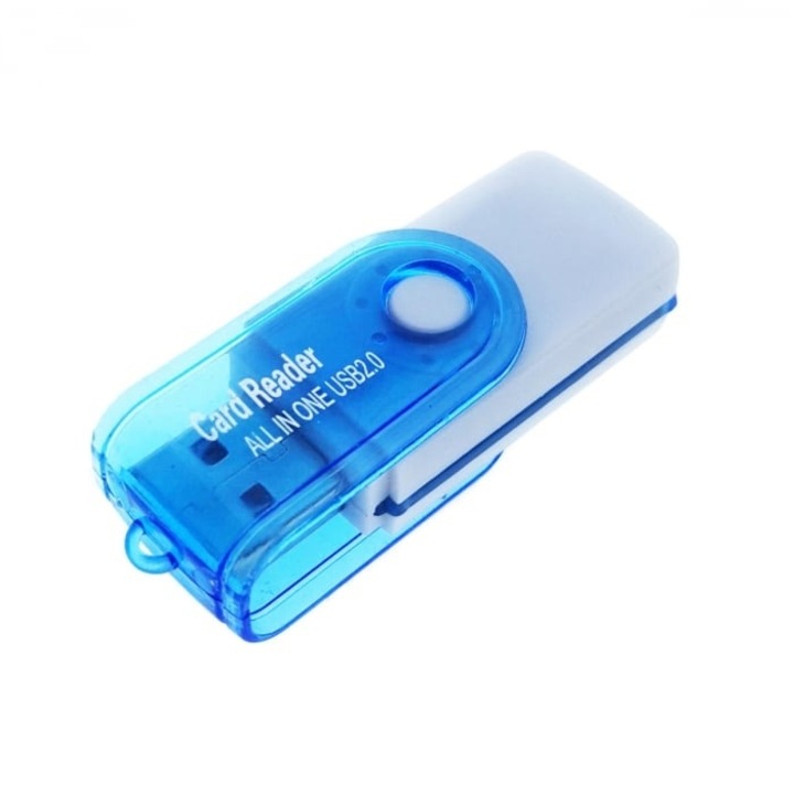 Cititor USB 2.0 pentru carduri de memorie MicroSD, SDHC, M2, MMC, cu capac rotativ, albastru