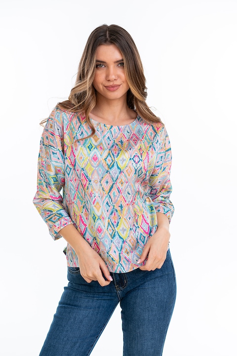 Hermosa, Bluza lejera cu decolteu rotund, Verde/Roz/Albastru
