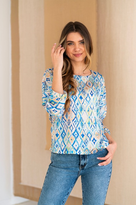 Hermosa, Bluza lejera cu decolteu rotund, Portocaliu/Maro nisip/Albastru