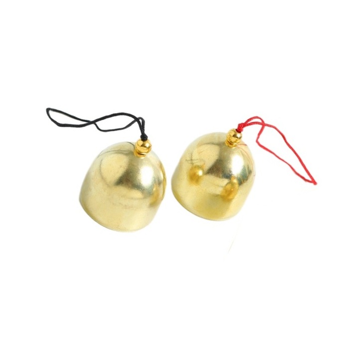 Set 2 clopotei decorativi, alama, auriu, 2.8x2.5cm, Material DIY, clopotei de vant, sfoara rosie si sfoara neagra