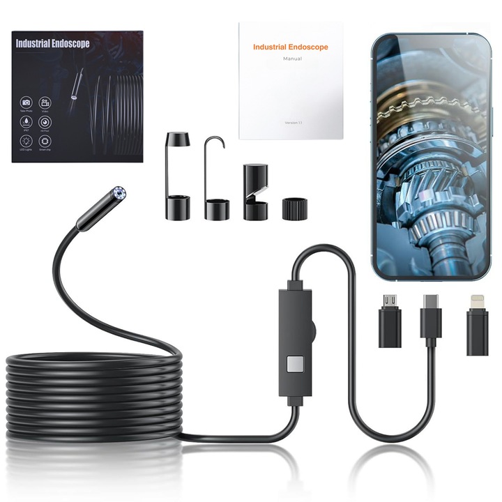 Професионален промишлен ендоскоп NovEterna®, 8 регулируеми светодиода, 1920x1080P HD фото/видео камера, Android/IOS телефонна връзка, 5 м твърд кабел, 8 мм обектив, 6 аксесоара в комплекта, преносим, регулируемо увеличение, водоустойчив, черен