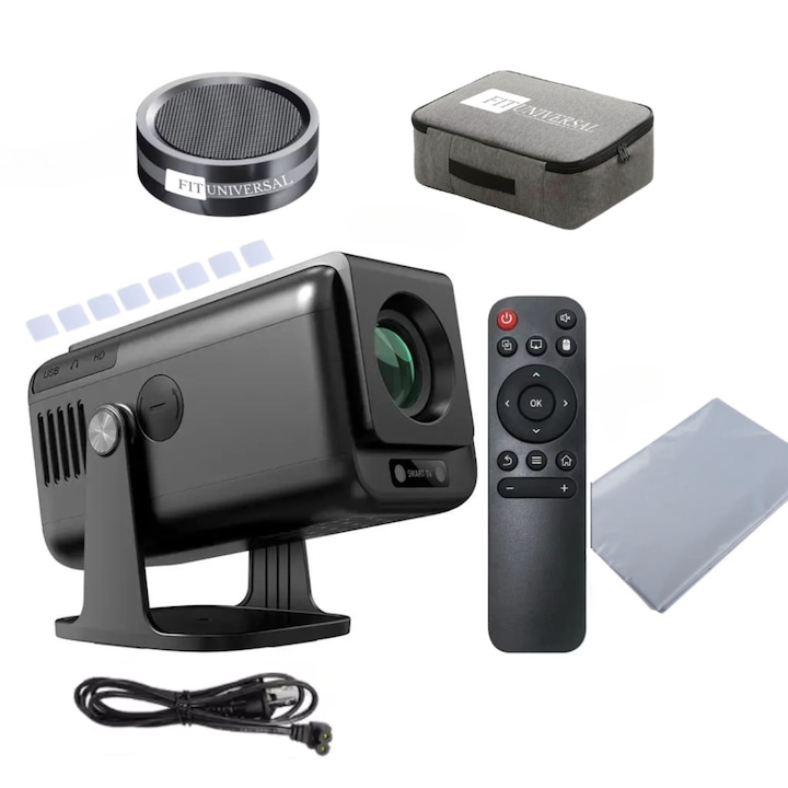 Видеопроектор FitUniversal, WiFi 6, Bluetooth 5.0, Android 13, 300 ANSI, 10000 лумена, 1920x1080p FULL HD резолюция, 4K поддръжка на HDMI връзка, USB и огледало, прожекционен екран, Bluetooth високоговорител