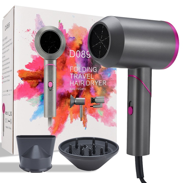 Професионален сешоар, 2000W, 3 скорости, 2 накрайника, сгъваем, сив