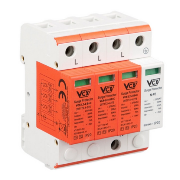 Descarcator de supratensiune VCX, eclator clasa B+C (T1T2) 3P+NPE 7kA