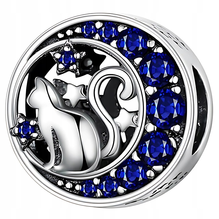 Charm din argint 925, model pisica si luna, cu zirconii, 10x10mm, ZeSrebra