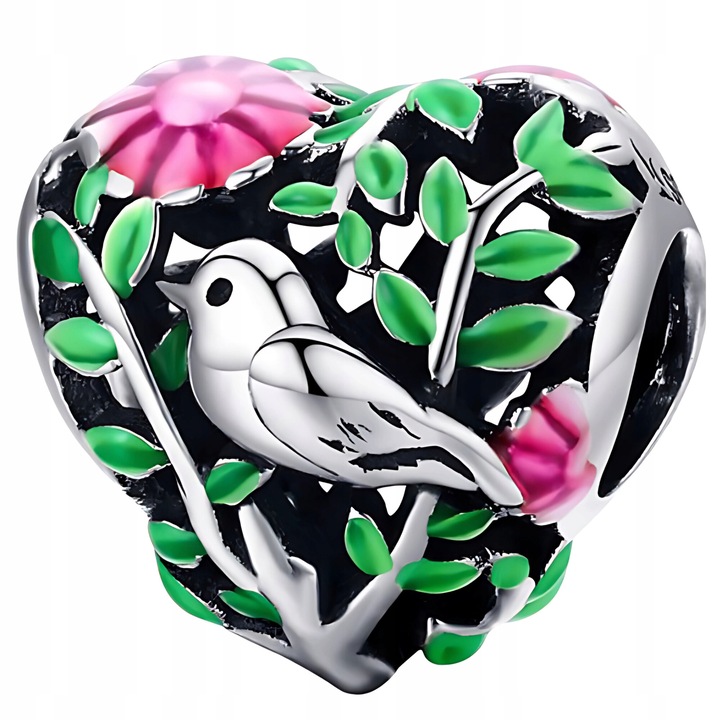 Charm din argint S925 in forma de inima cu frunze si pasarica, 11x11mm, ZeSrebra