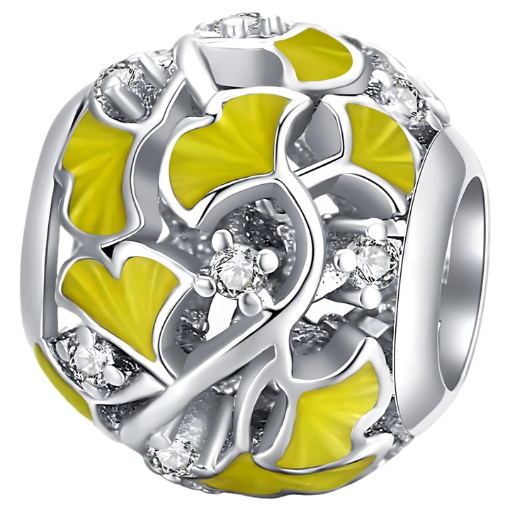 Charm din argint 925 cu frunze si zirconii, set bijuterii dama, 10x9mm, ZeSrebra