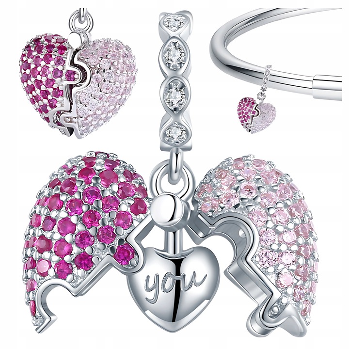 Charmuri in forma de inima deschisa, argint 925, zirconii colorate, 20x11mm, set