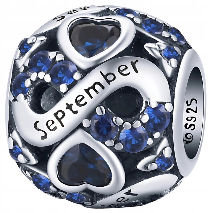 Charm argintiu 925, model luna septembrie, cu zirconii, 10x10mm