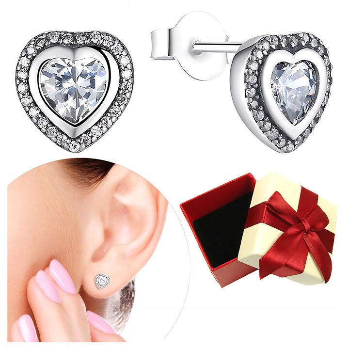 Cercei argintii cu cristale S925 in forma de inima, 1,6g, argint