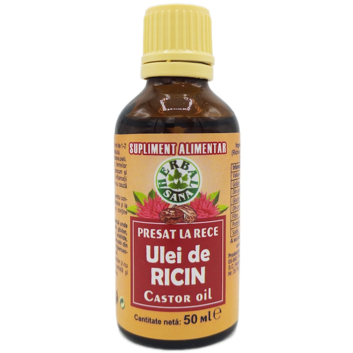 Hidegen sajtolt ricinusolaj, 100% tisztaságú, adalékanyagok nélkül, üveg csomagolás, 50 ml, HerbalSana