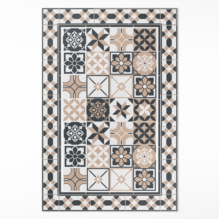 Covor de vinil acasa, Wallfluent, Geometrie tricolora, Negru, 150 x 225 cm, 010260360300000020305