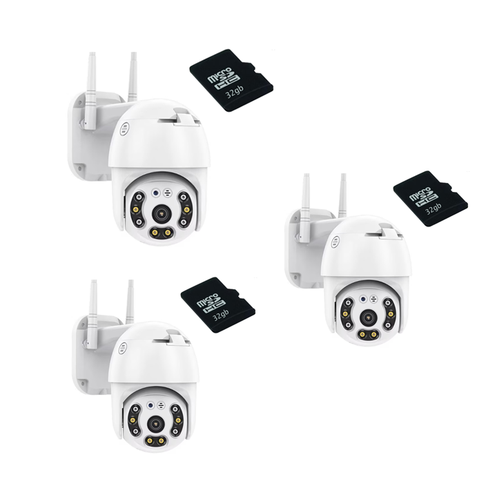 Комплект от 3 камери за наблюдение, WXZ Shop, с включена 32 GB карта, Smart Full HD 1080p, на открито/вътре, сензор за движение, микрофон, IP66, LED+IR