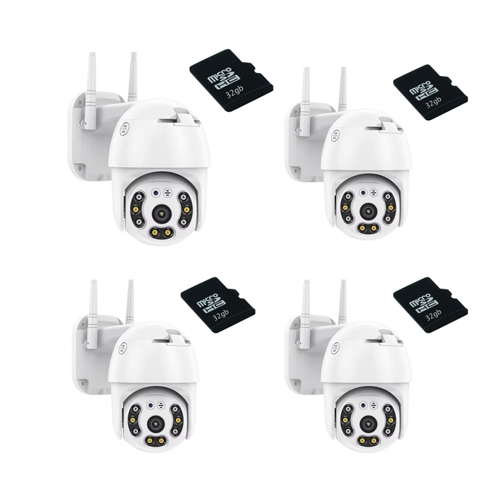 Комплект от 4 WXZ камери за наблюдение в магазина с 32 GB карта, включително Smart Full HD 1080p, на открито/вътре, сензор за движение, микрофон, IP66, LED+IR