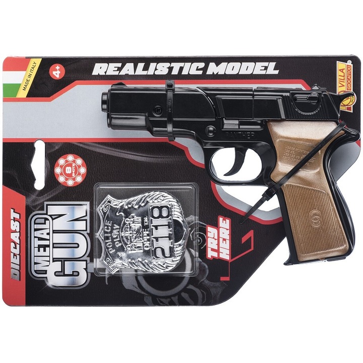 Pistol de jucarie metalic Villa, set cu insigna, 16cm