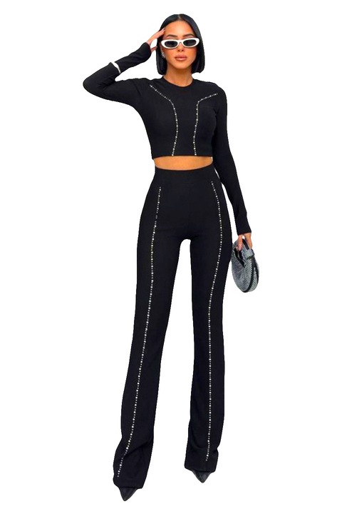 Compleu casual HaRRa, bluza crop si pantaloni evazati cu strasuri, Negru