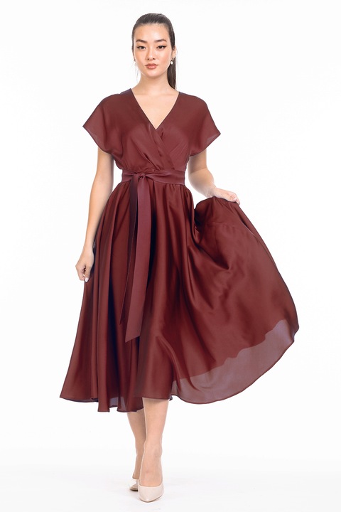 CAMISSI, Rochie midi evazata cu aspect satinat, Visiniu