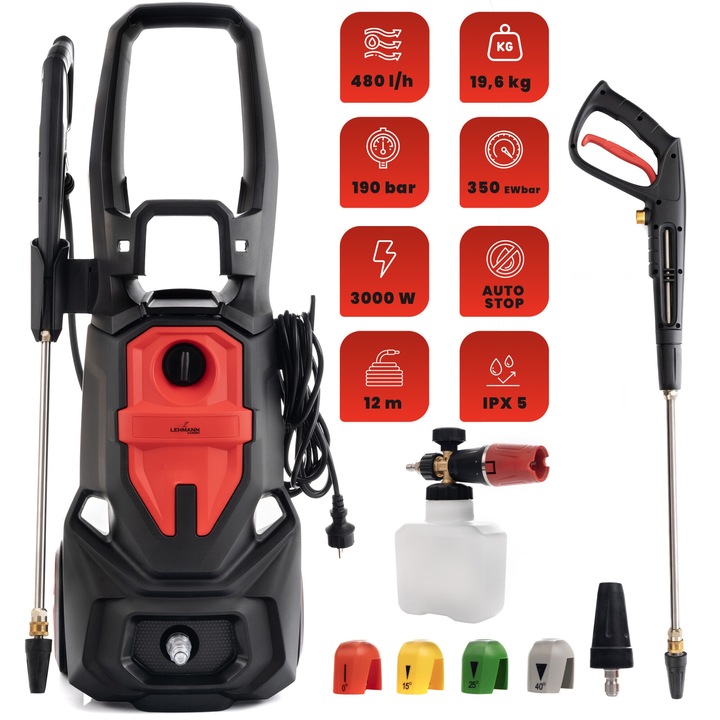 Aparat de spalat cu presiune, Lehmann Phoenix, motor de inductie 3000W, pompa din alama, Furtun 12m, Alimentare La retea, 150/190 bar, 350 eWbar, 480 l/h, 370x370x930 mm, 24 kg, Negru/Portocaliu