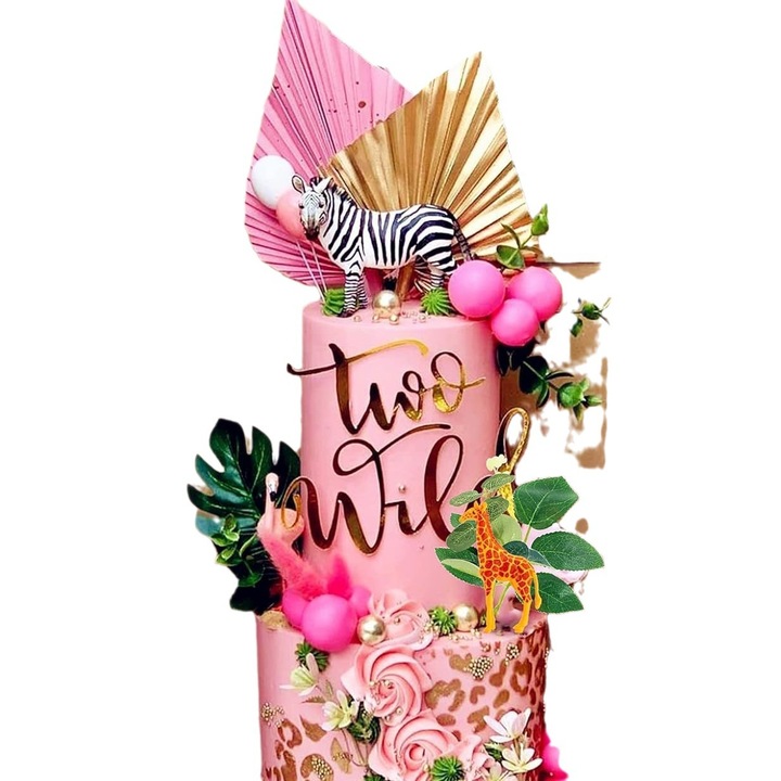 Decoratiune Tort Safari Roz cu Animale si Elemente Tropicale, Multicolor
