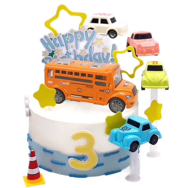 Decoratiune Tort Tematica Masini cu Vehicule Miniature si Accesorii, Multicolor