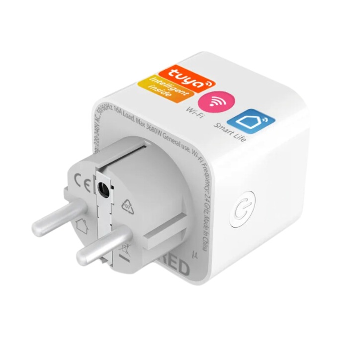 Priza Inteligenta WiFi Cu LED Z ZYNERA™, 16A, Control Vocal Prin Alexa, Temporizator, Economie De Energie, Protectie La Suprasarcina, Functie De Partajare A Controlului, Monitorizare Consum Energie, Compatibila Cu Aplicatia TUYA Smart, Culoare: Alb